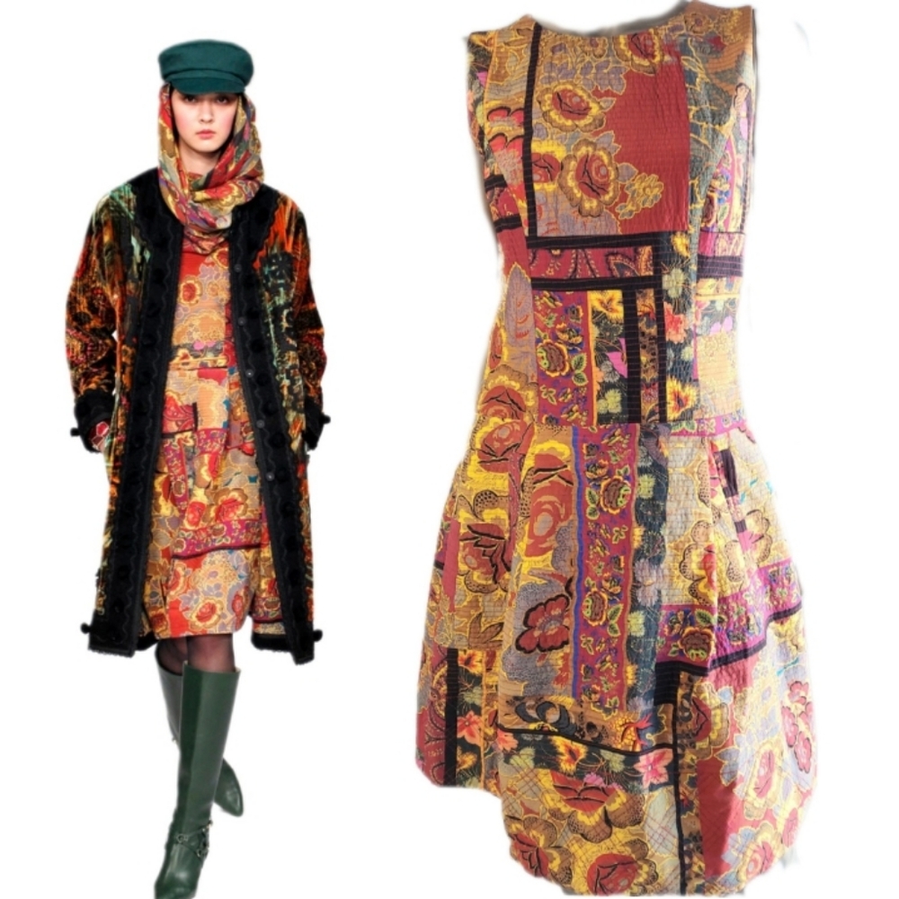 ○$4,300 OSCAR DE LA RENTA SILK PATCHWORK QUILT FLORAL RUNWAY DRESS US 6
